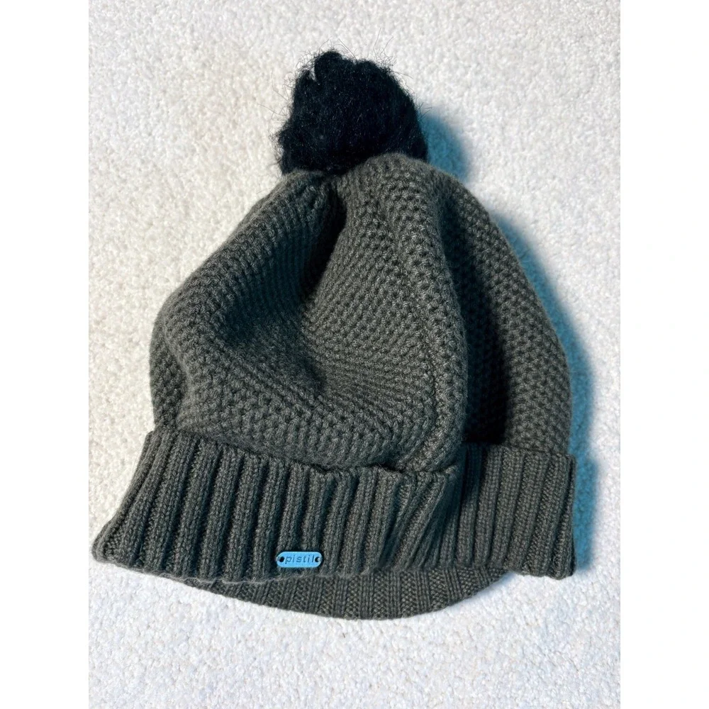 Pistil Olive Green Wool Blend Knit Pom Beanie Faux Fur Cuffed Winter Hat